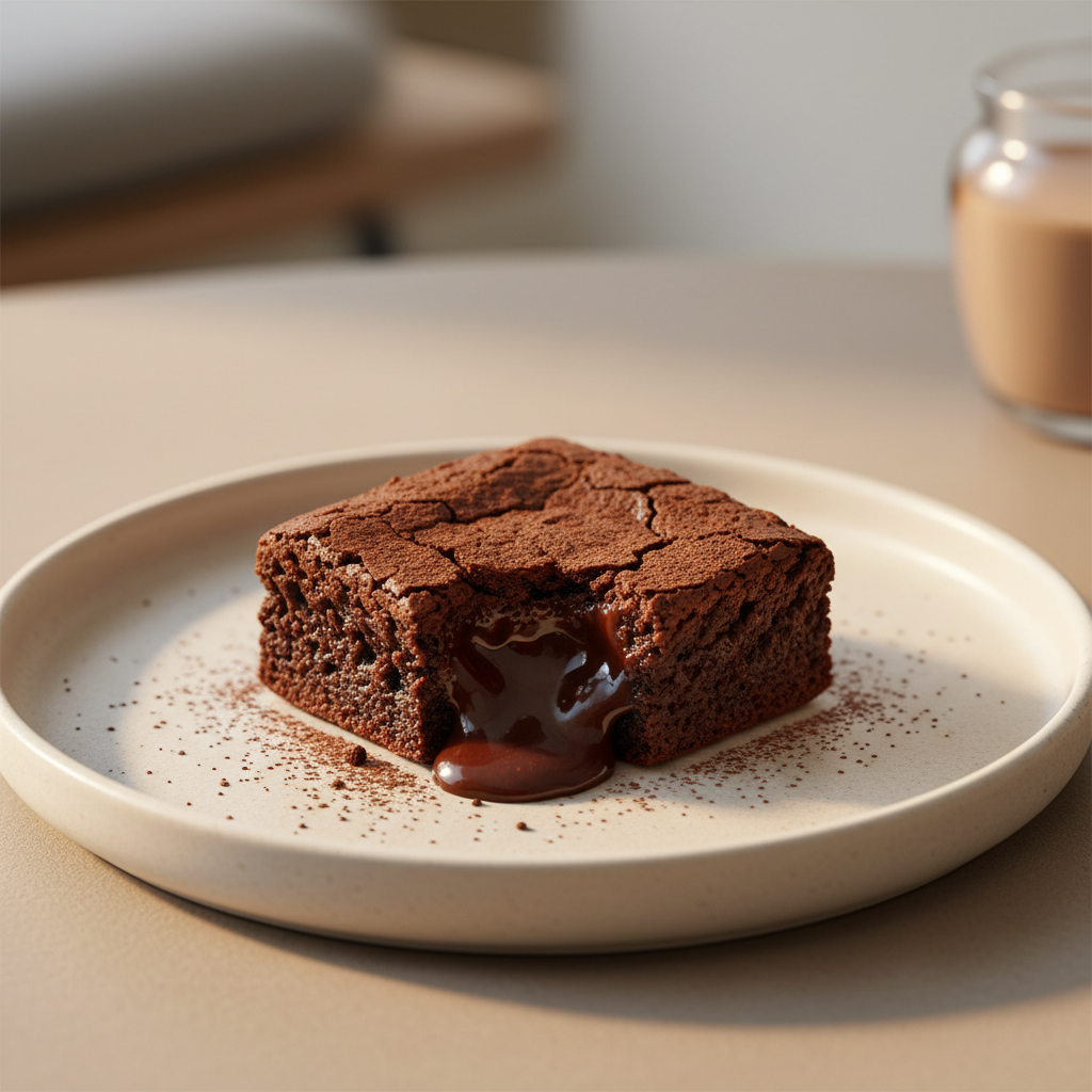 A rich chocolate brownie square on a dessert plate