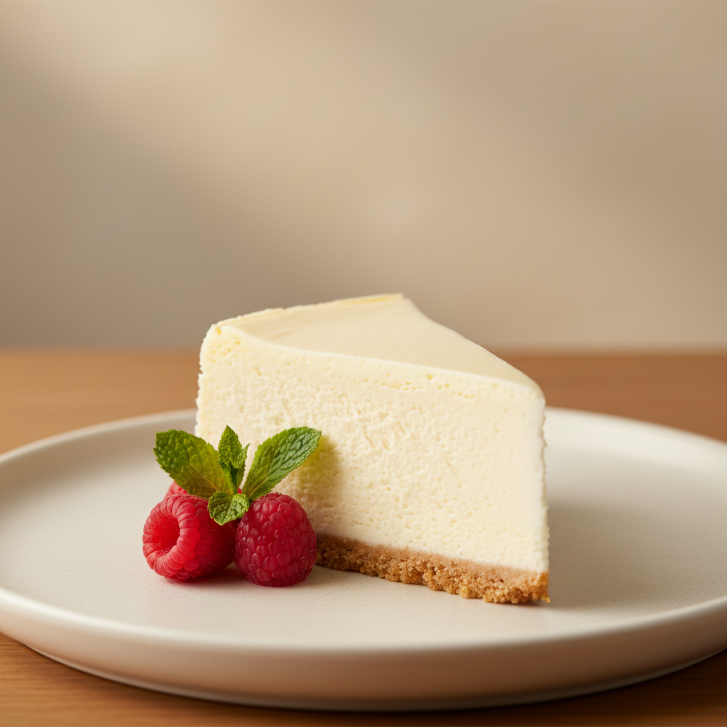 A creamy New York cheesecake slice on a dessert plate