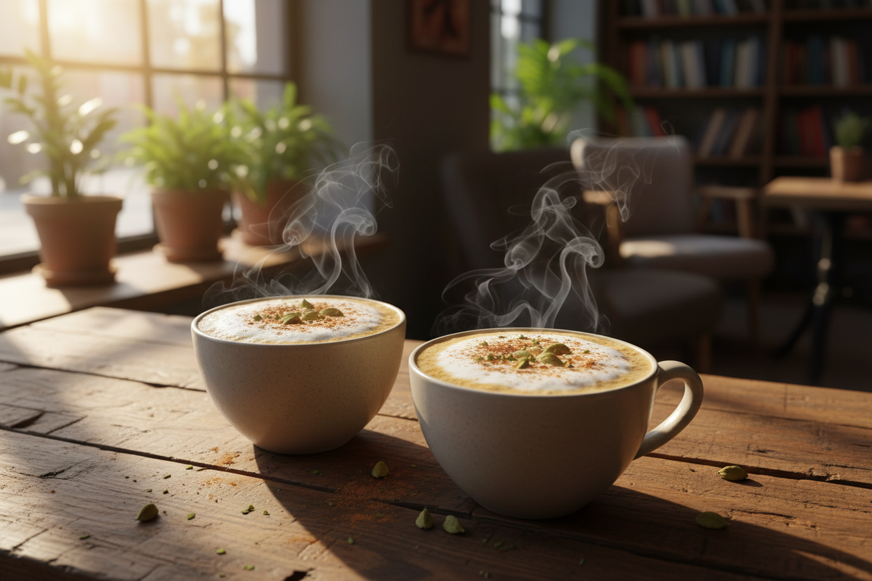 Two cups of aromatic chai tea on a rustic table in warm café sunlight