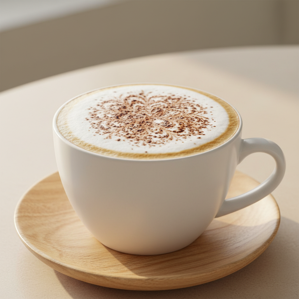 A freshly prepared cappuccino in a ceramic cup with foamy topping
