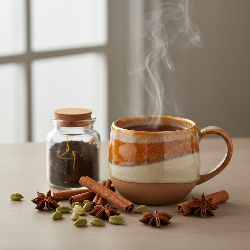 A steaming cup of spiced chai tea with cinnamon, cardamom, and star anise on a neutral tabletop