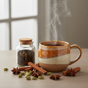 A steaming cup of spiced chai tea with cinnamon, cardamom, and star anise on a neutral tabletop