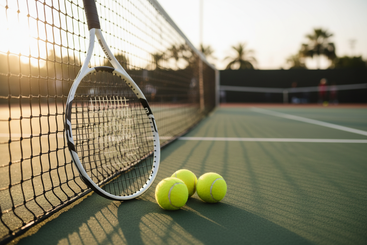 Tennis racket and balls beside a sunlit tennis court