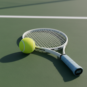 Yellow tennis ball and white tennis racket on a green court