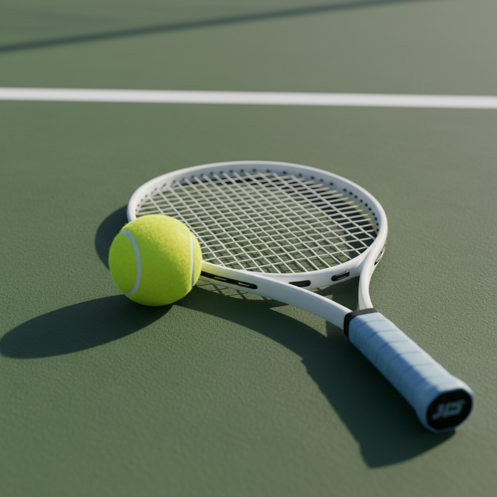 Yellow tennis ball and white tennis racket on a green court